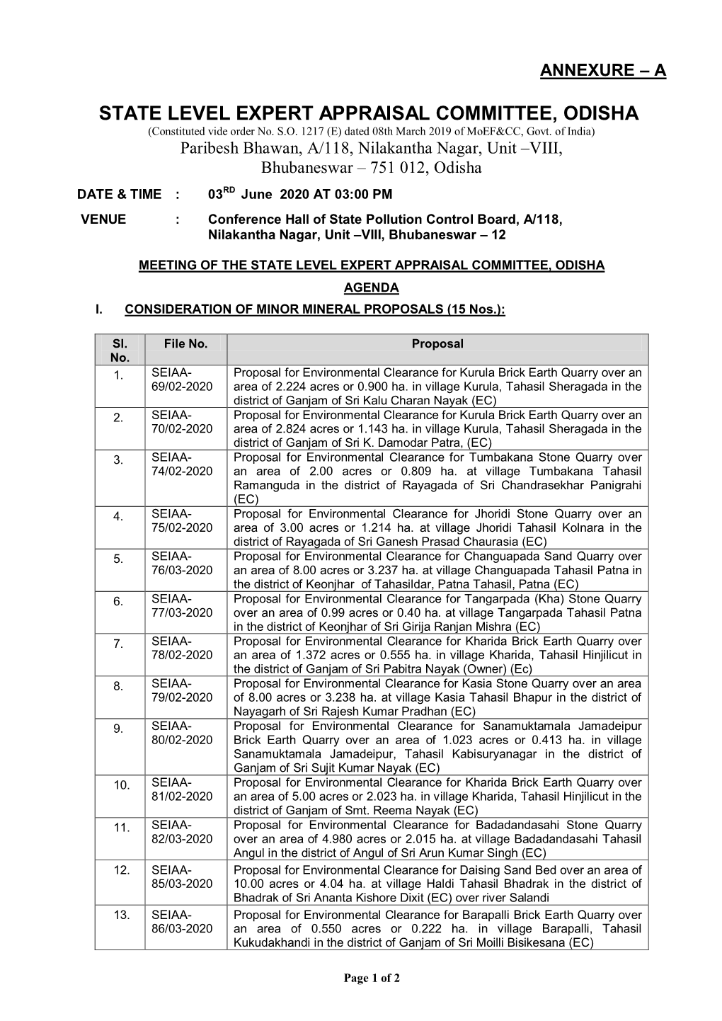 STATE LEVEL EXPERT APPRAISAL COMMITTEE, ODISHA (Constituted Vide Order No