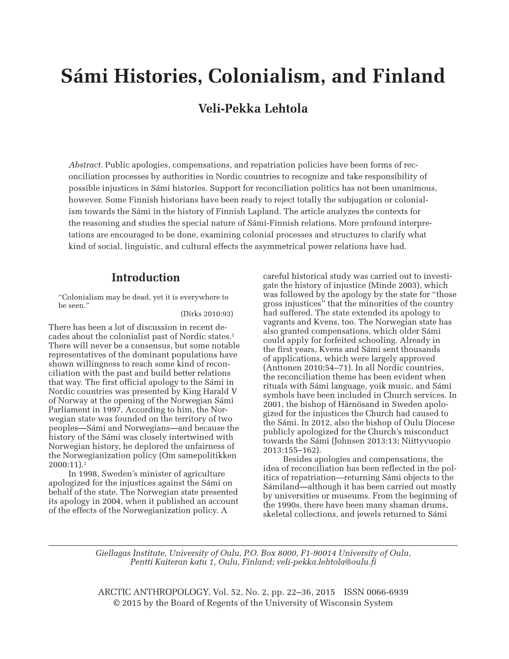 Sámi Histories, Colonialism, and Finland