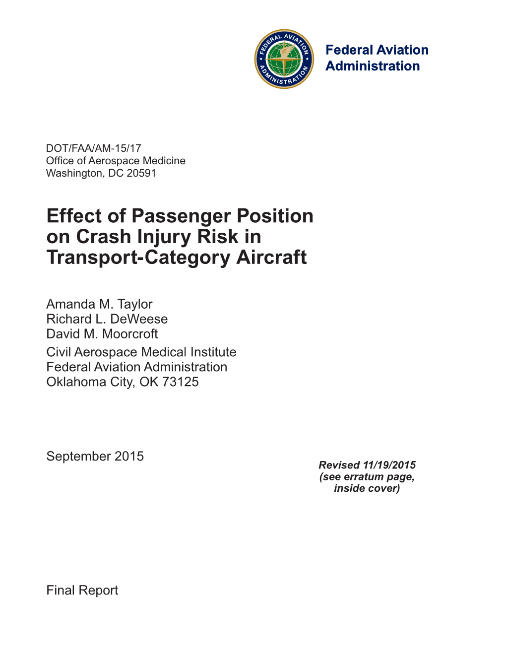 Effect of Passenger Position on Crash Injury Risk in Transport-Category Aircraft