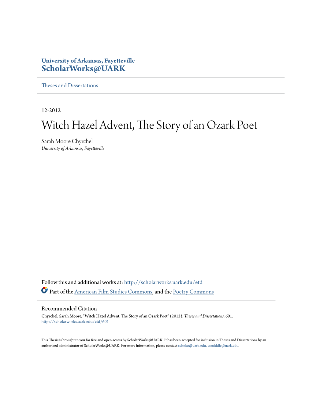 Witch Hazel Advent, the Story of an Ozark Poet