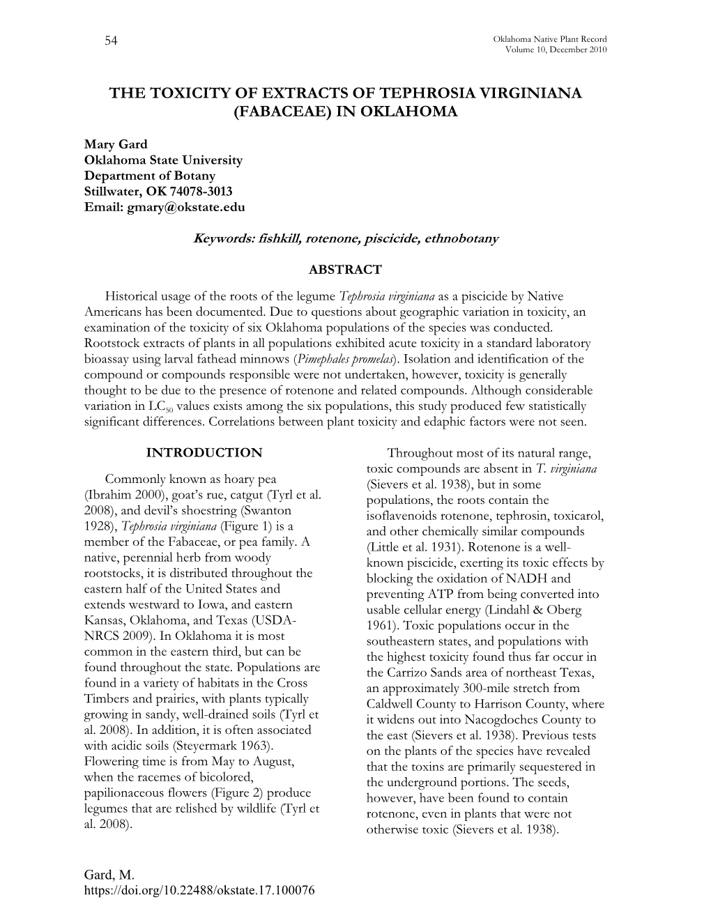 The Toxicity of Extracts of Tephrosia Virginiana (Fabaceae) in Oklahoma