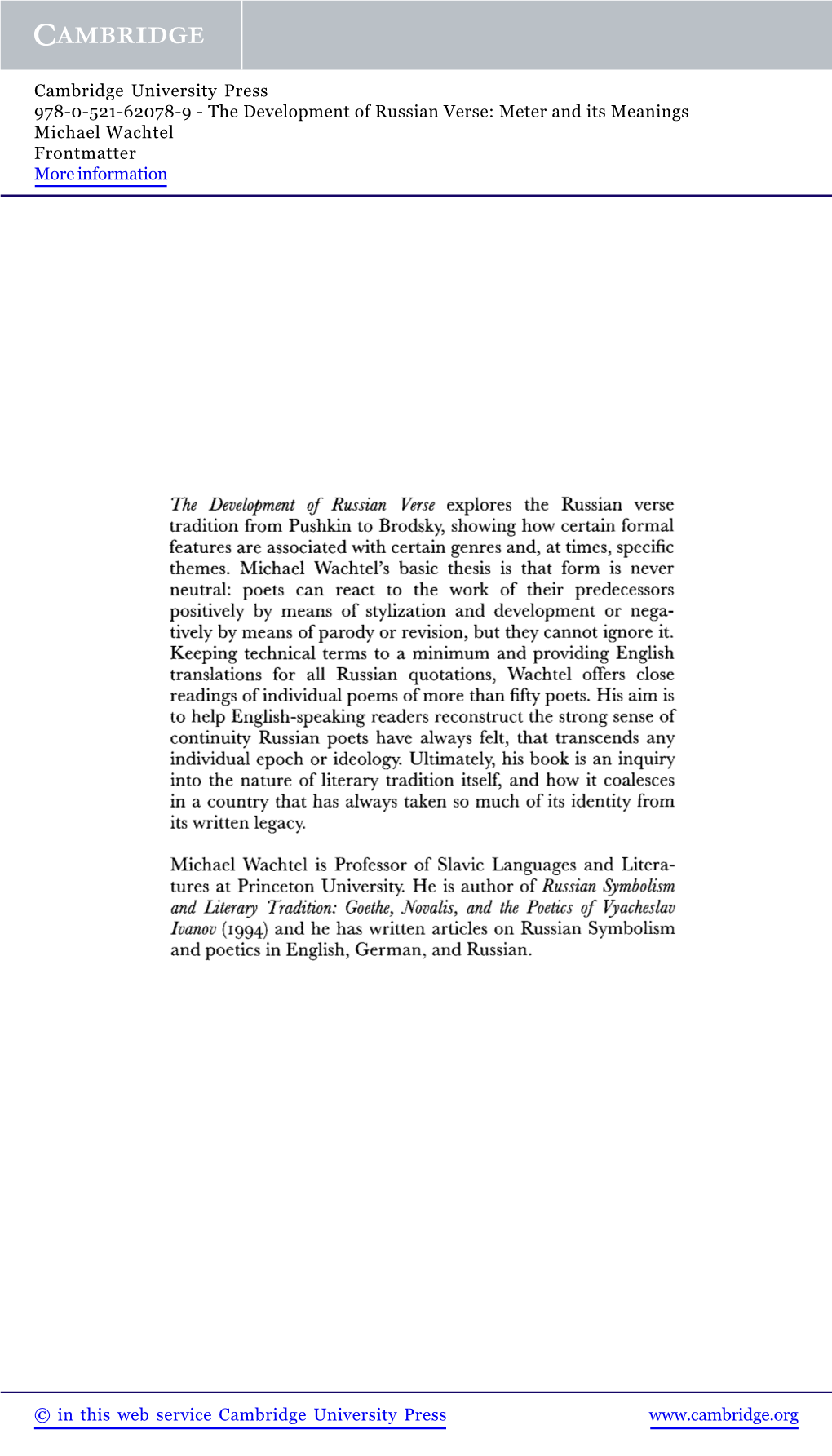 The Development of Russian Verse: Meter and Its Meanings Michael Wachtel Frontmatter More Information