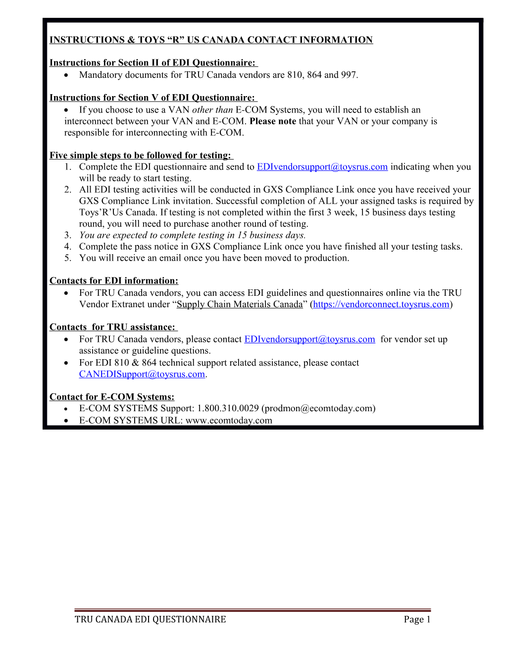 Instructions for Section II of EDI Questionnaire