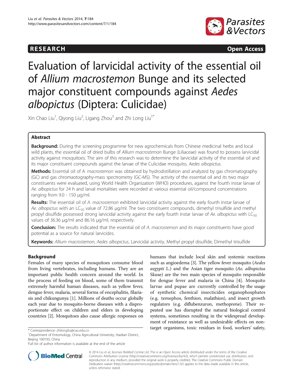 Evaluation of Larvicidal Activity of the Essential Oil of Allium Macrostemon