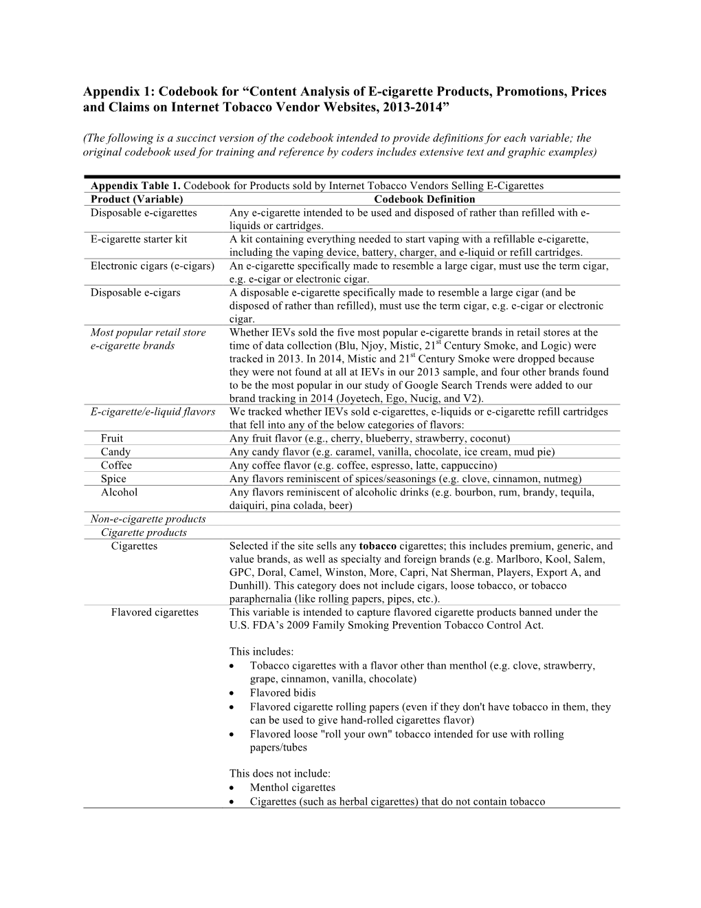 Appendix 1: Codebook for “Content Analysis of E-Cigarette Products, Promotions, Prices and Claims on Internet Tobacco Vendor Websites, 2013-2014”