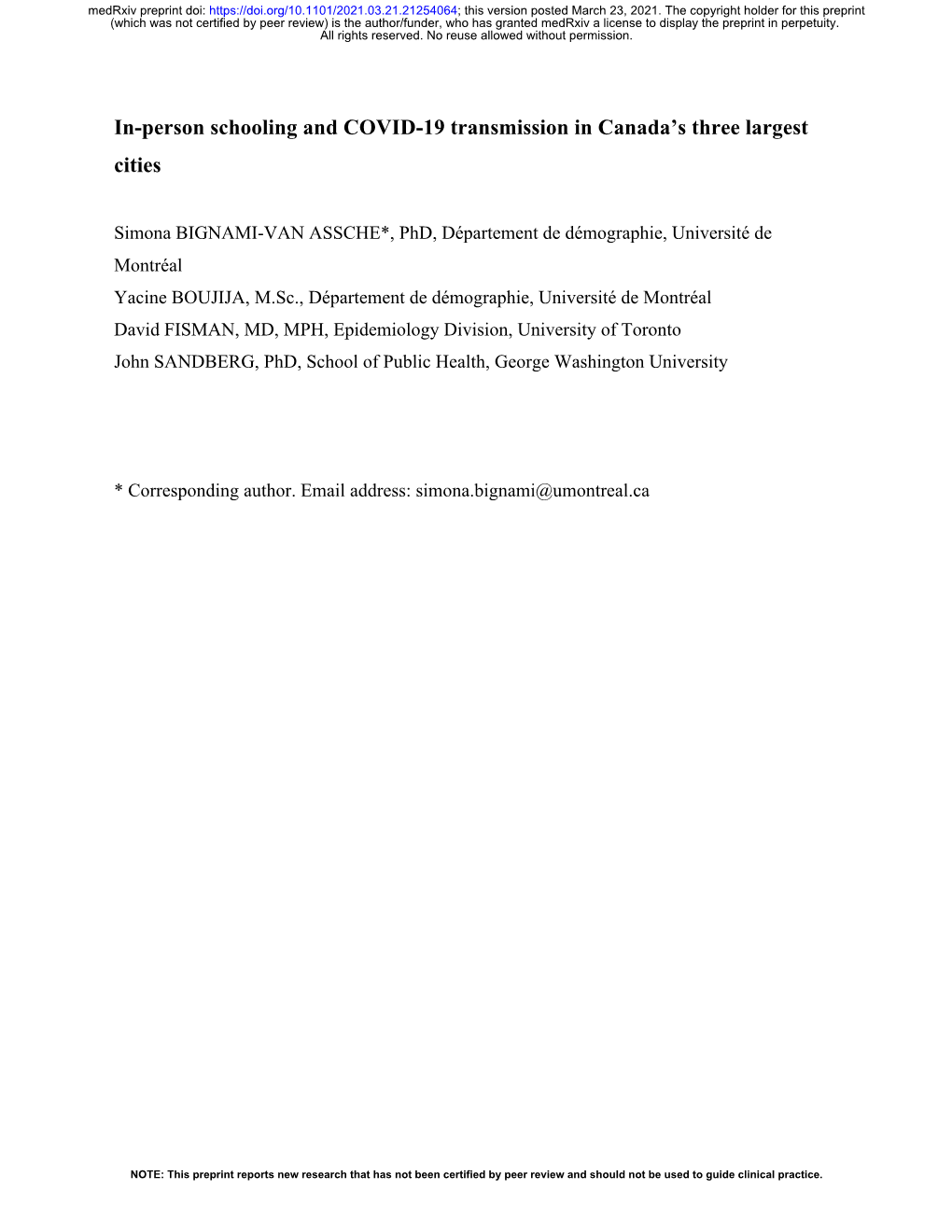 In-Person Schooling and COVID-19 Transmission in Canada's Three Largest Cities