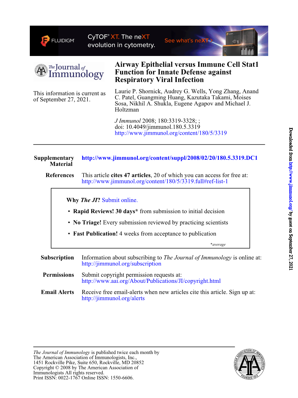 Respiratory Viral Infection Function for Innate Defense Against Airway Epithelial Versus Immune Cell Stat1