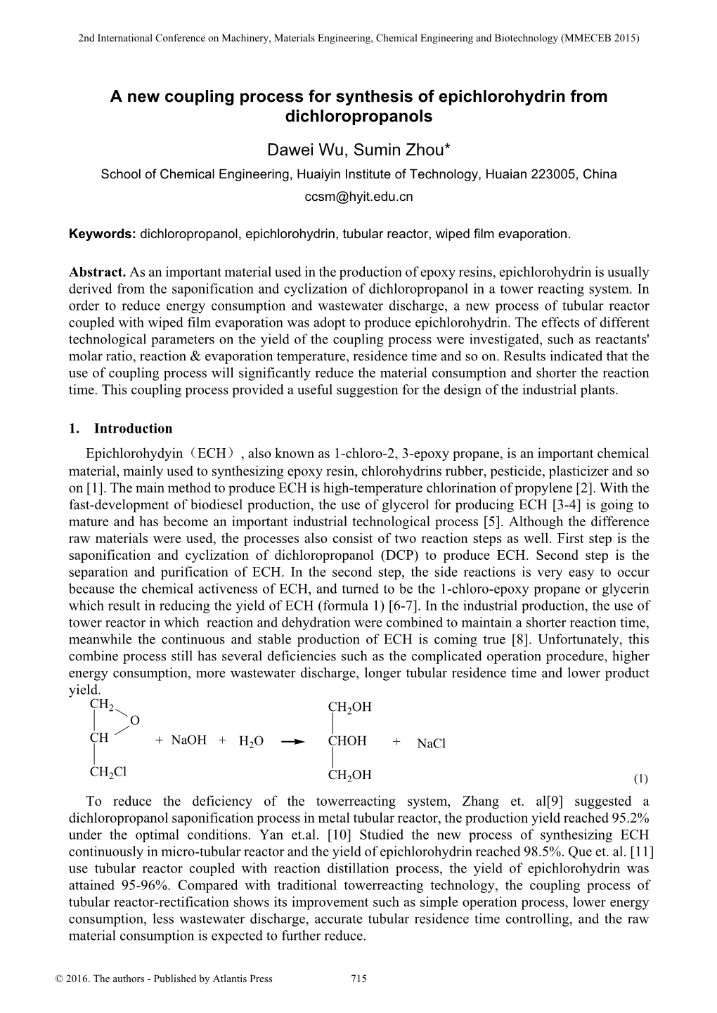 A New Coupling Process for Synthesis of Epichlorohydrin from Dichloropropanols