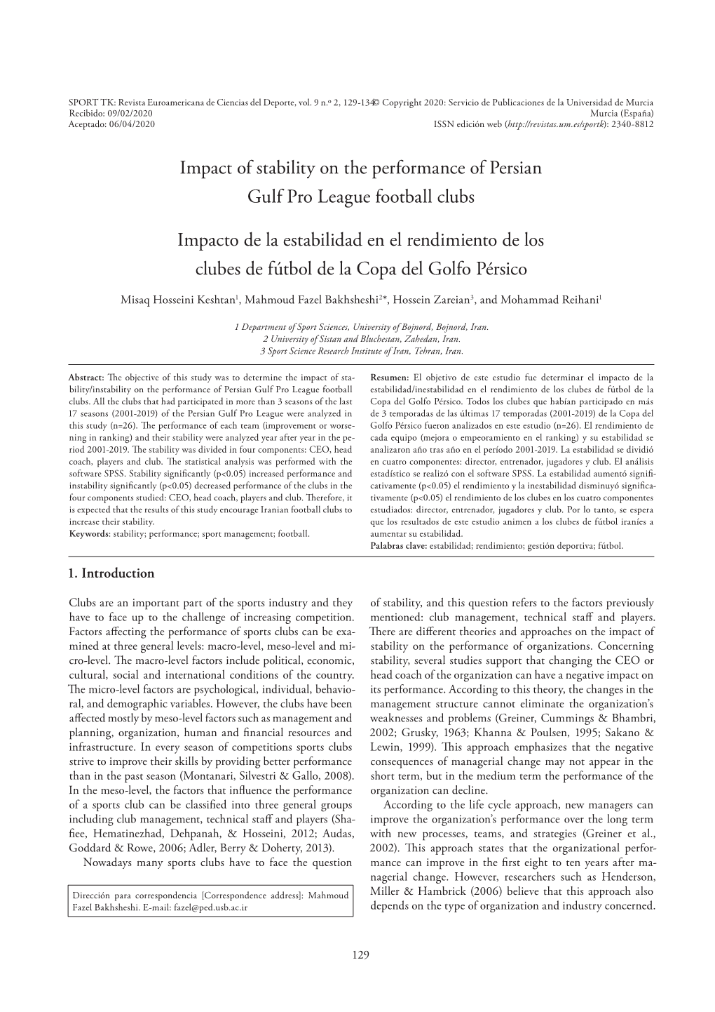 Impact of Stability on the Performance of Persian Gulf Pro League Football Clubs