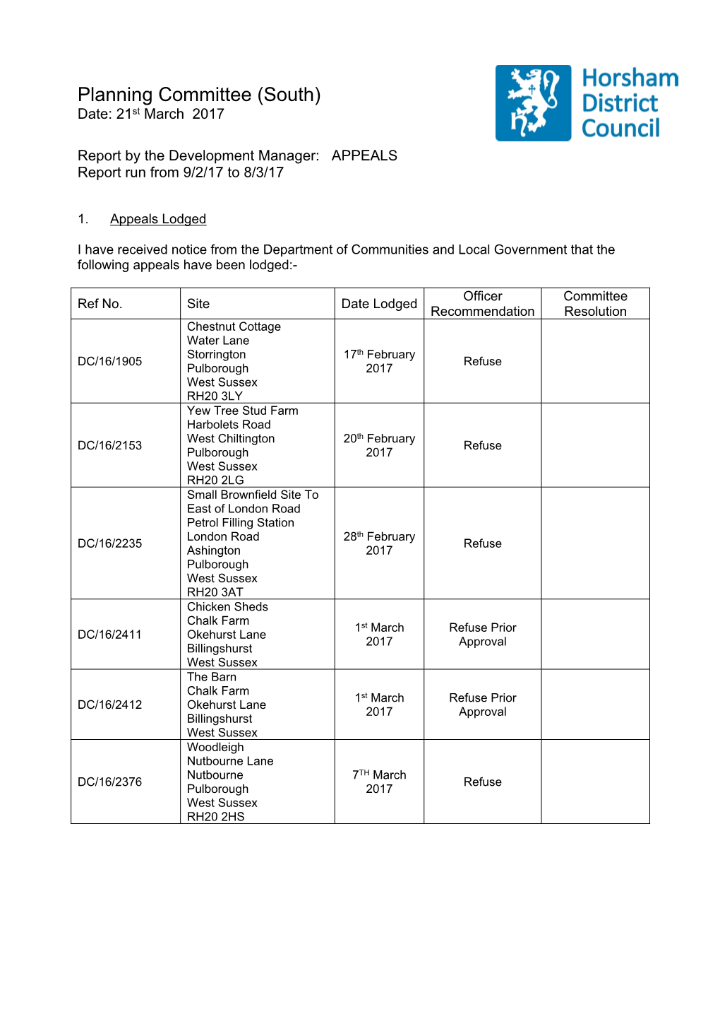 Planning Committee (South) Date: 21St March 2017