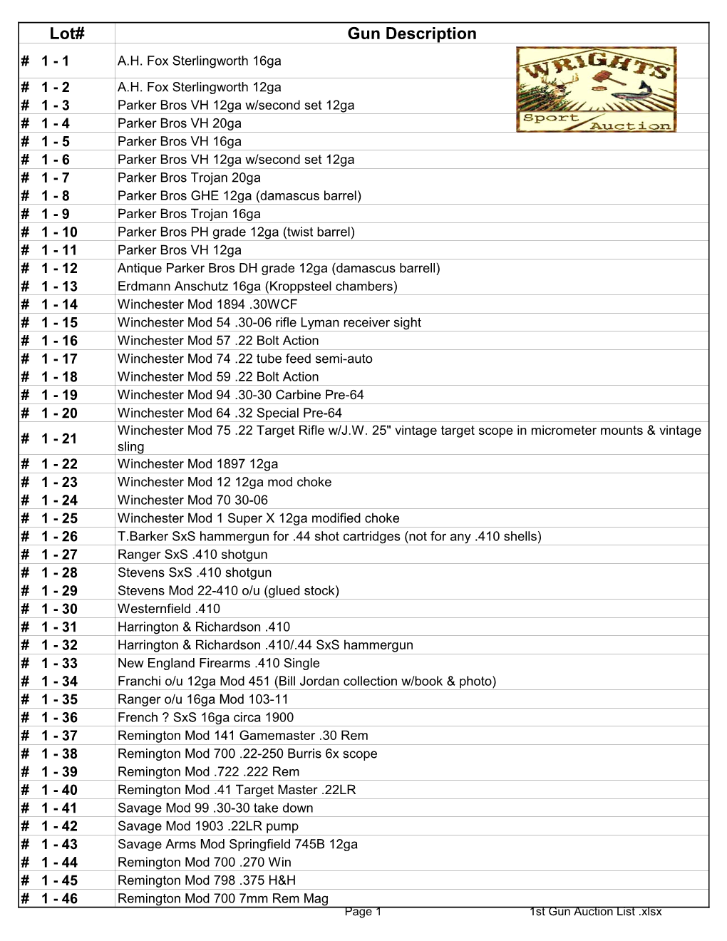 1St Gun Auction List .Xlsx