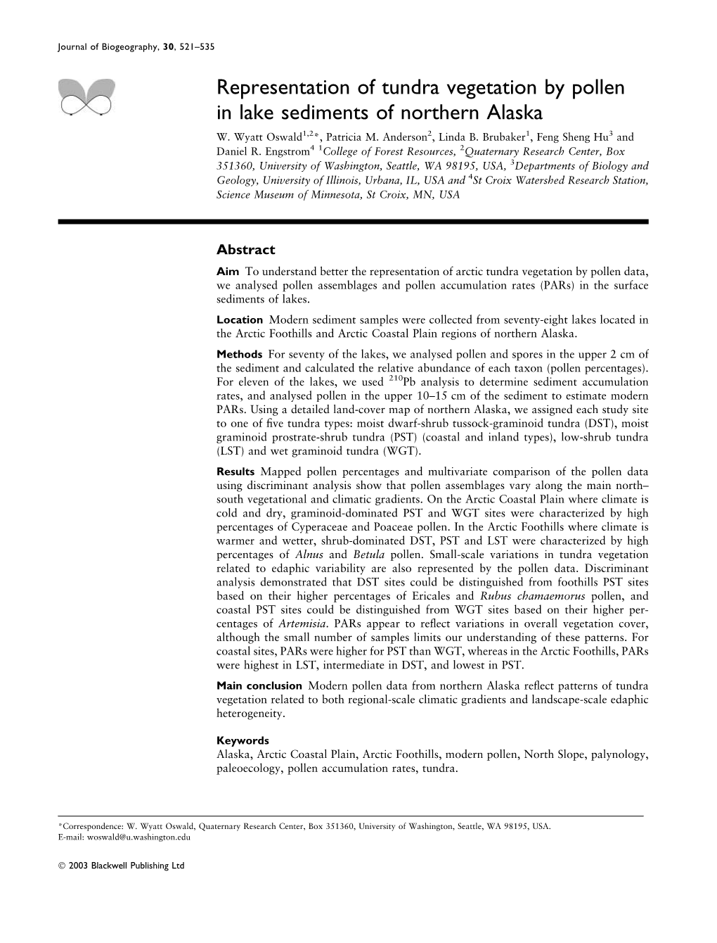 Representation of Tundra Vegetation by Pollen in Lake Sediments of Northern Alaska W