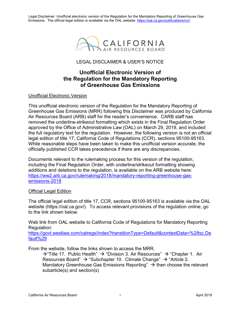 Unofficial Electronic Version of the Regulation for the Mandatory Reporting of Greenhouse Gas Emissions