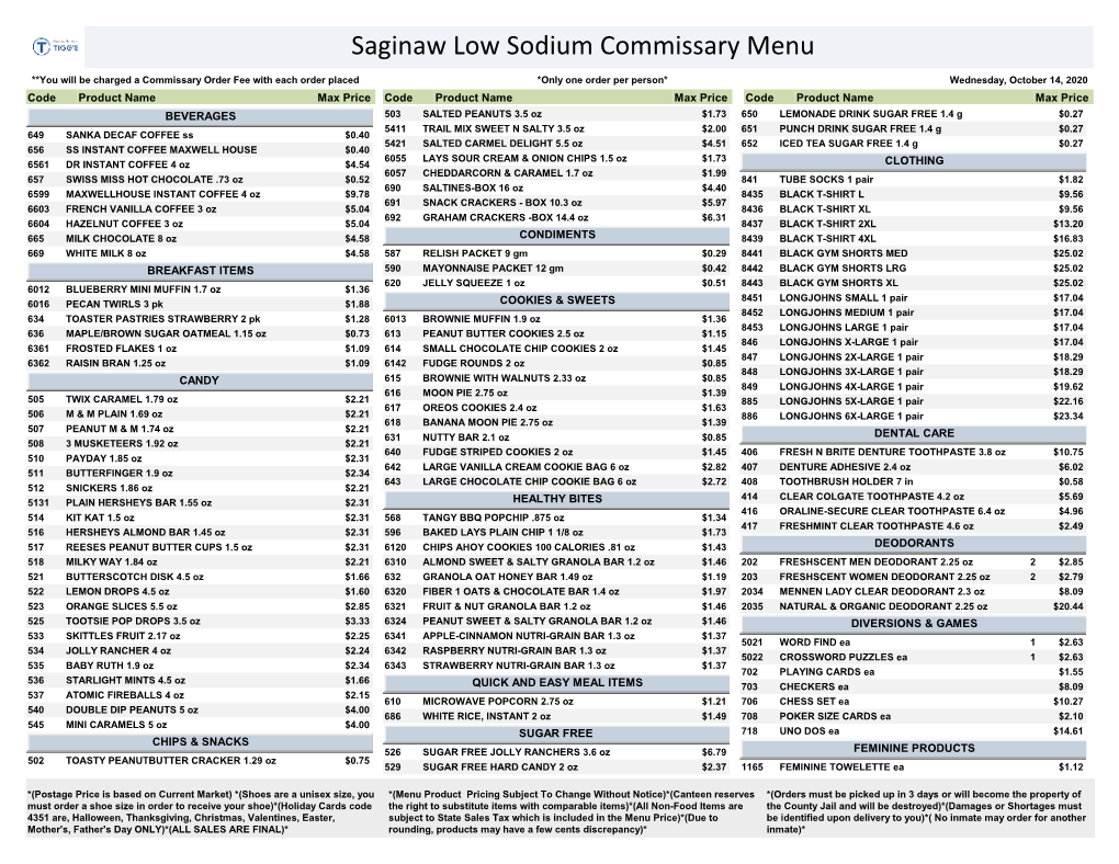 Saginaw Low Sodium Commissary Menu