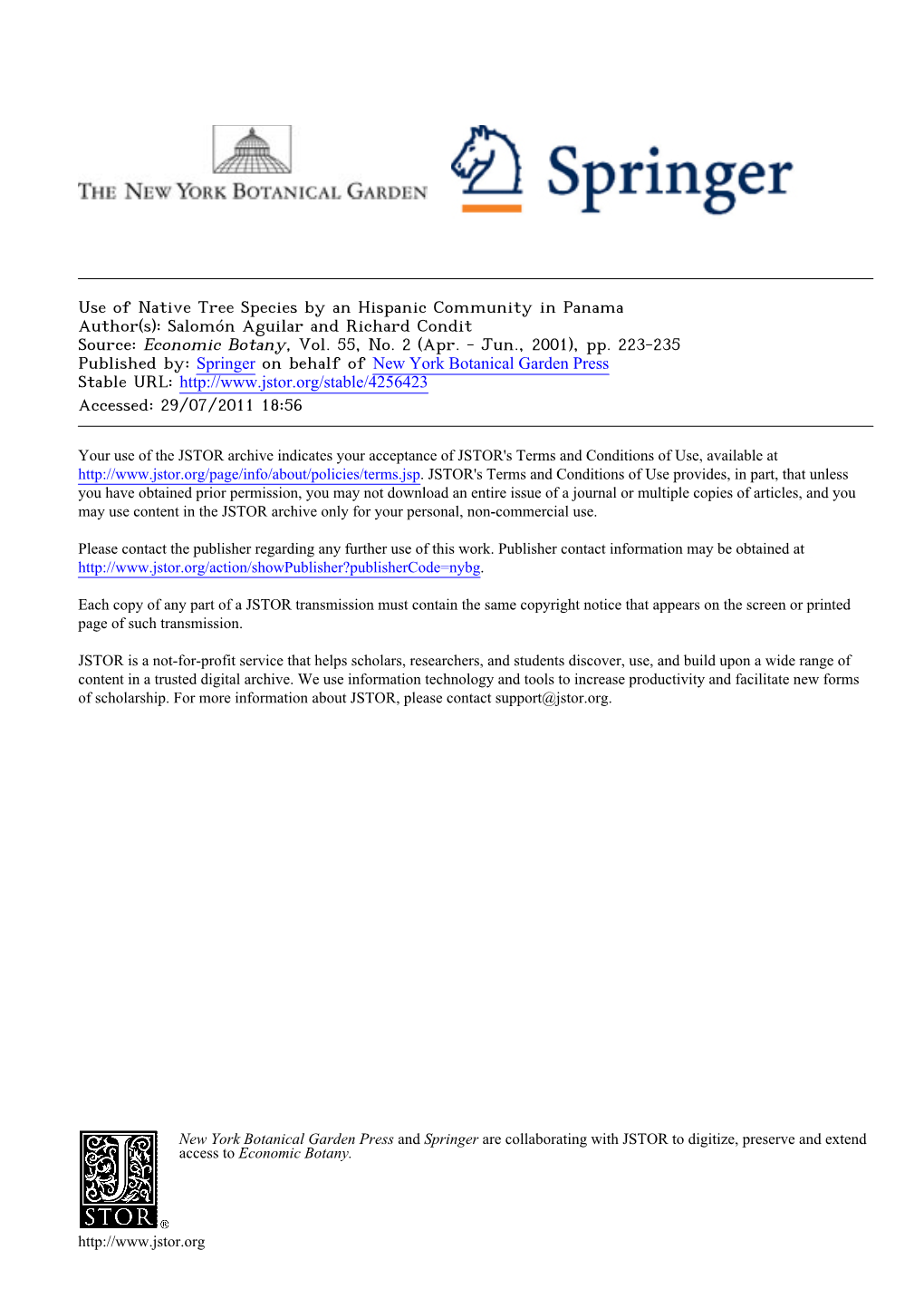 Use of Native Tree Species by an Hispanic Community in Panama Author(S): Salomón Aguilar and Richard Condit Source: Economic Botany, Vol