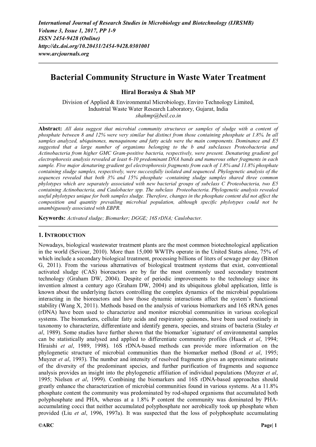 Bacterial Community Structure in Waste Water Treatment