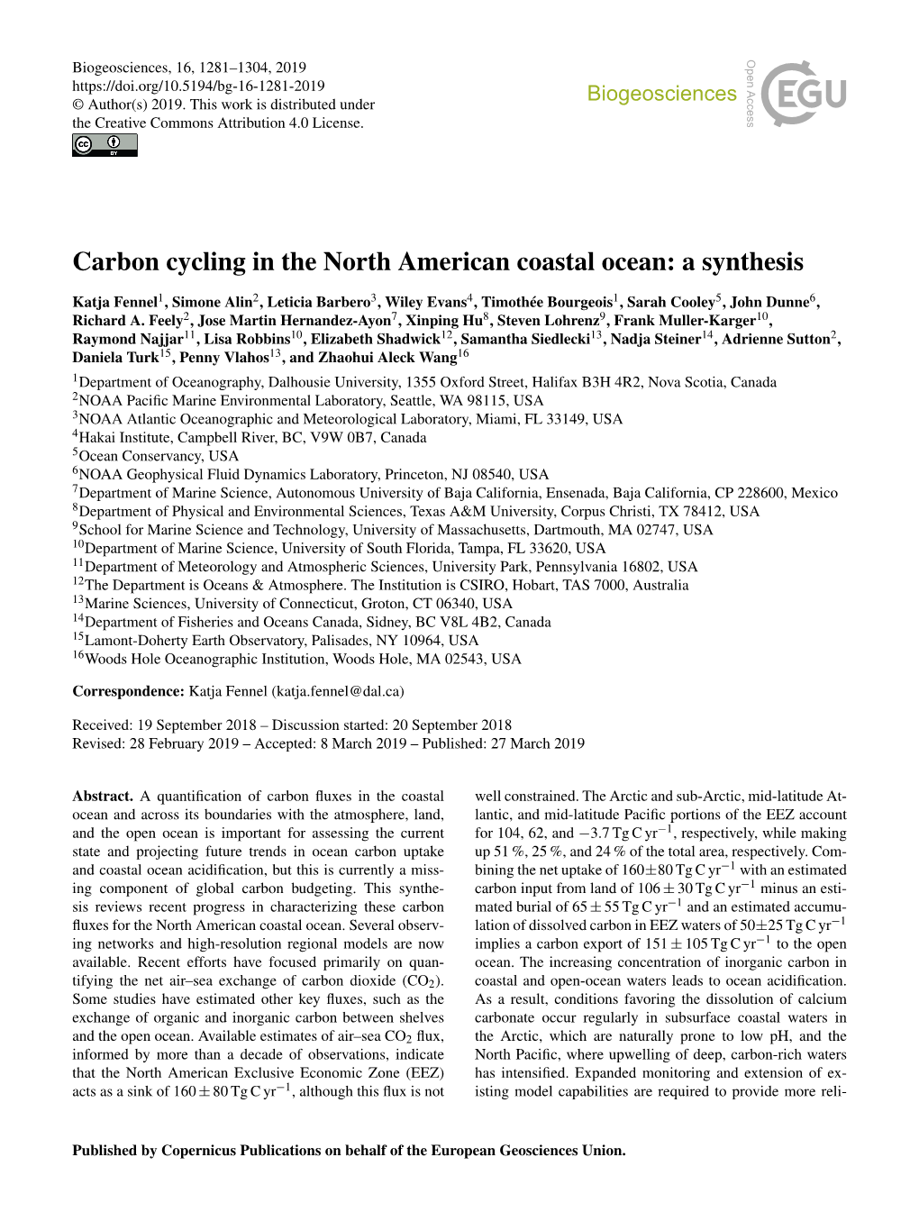 Carbon Cycling in the North American Coastal Ocean: a Synthesis