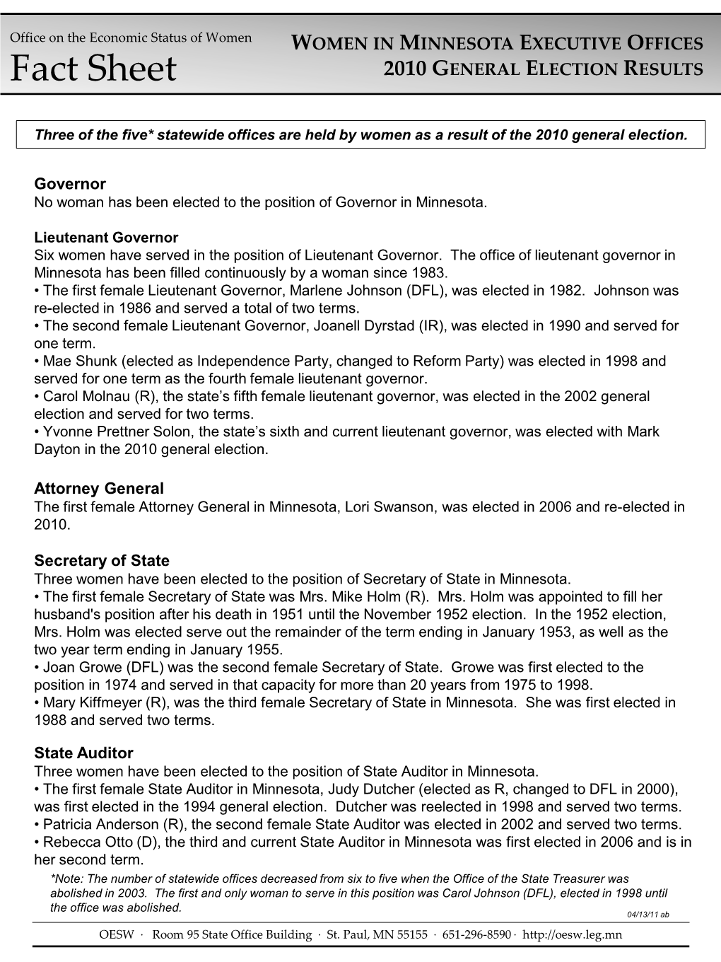 Women in Minnesota Executive Offices 2010 General Election Results