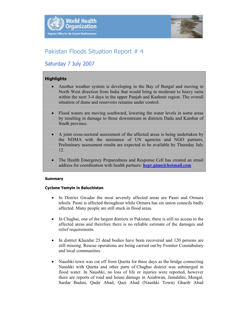 Pakistan Floods Situation Report # 4