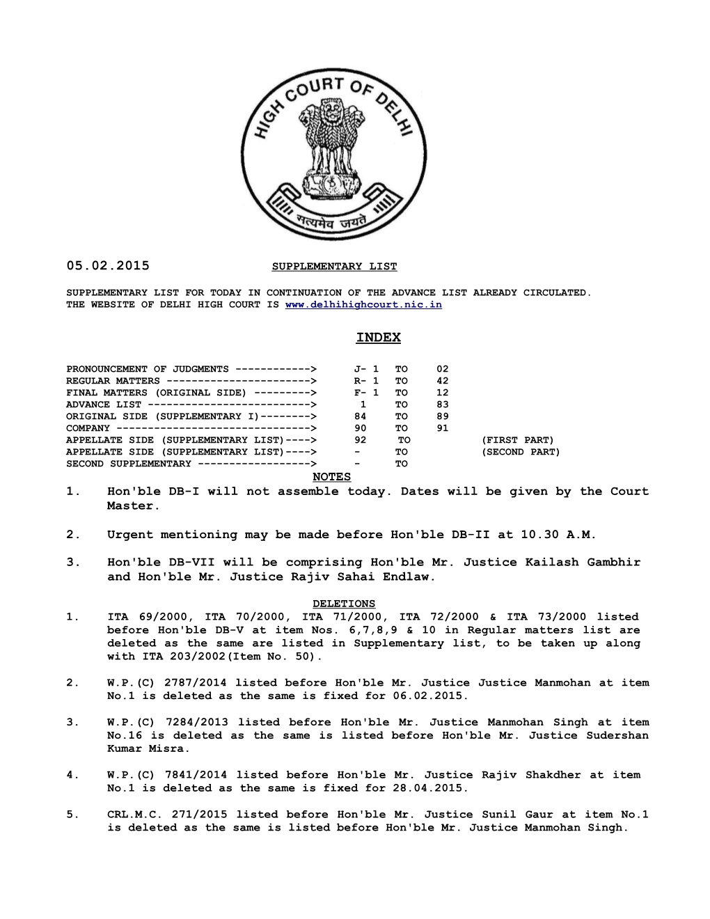 NOTES 1. Hon'ble DB-I Will Not Assemble Today. Dates Will Be Given by the Court Master