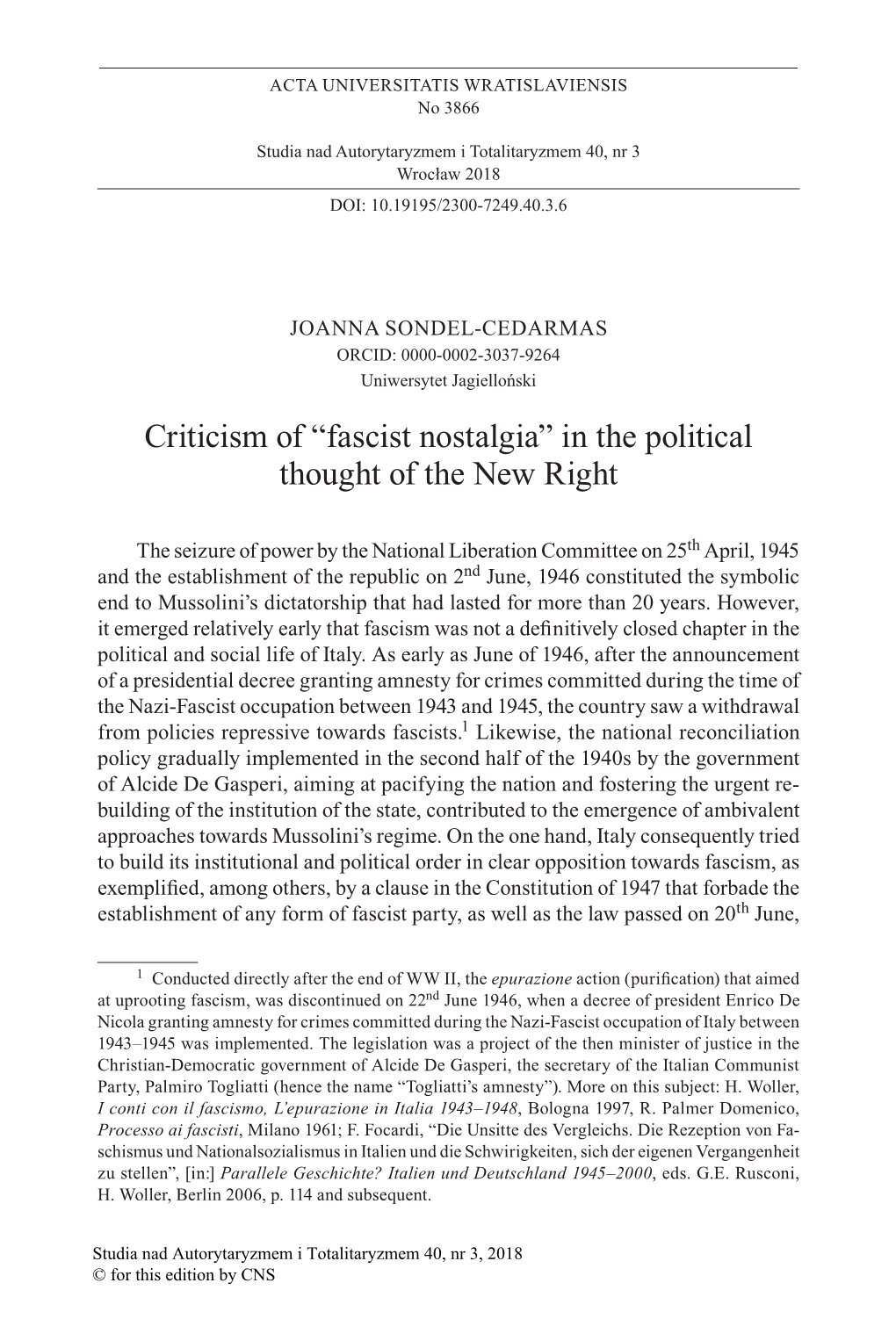 Criticism of “Fascist Nostalgia” in the Political Thought of the New Right