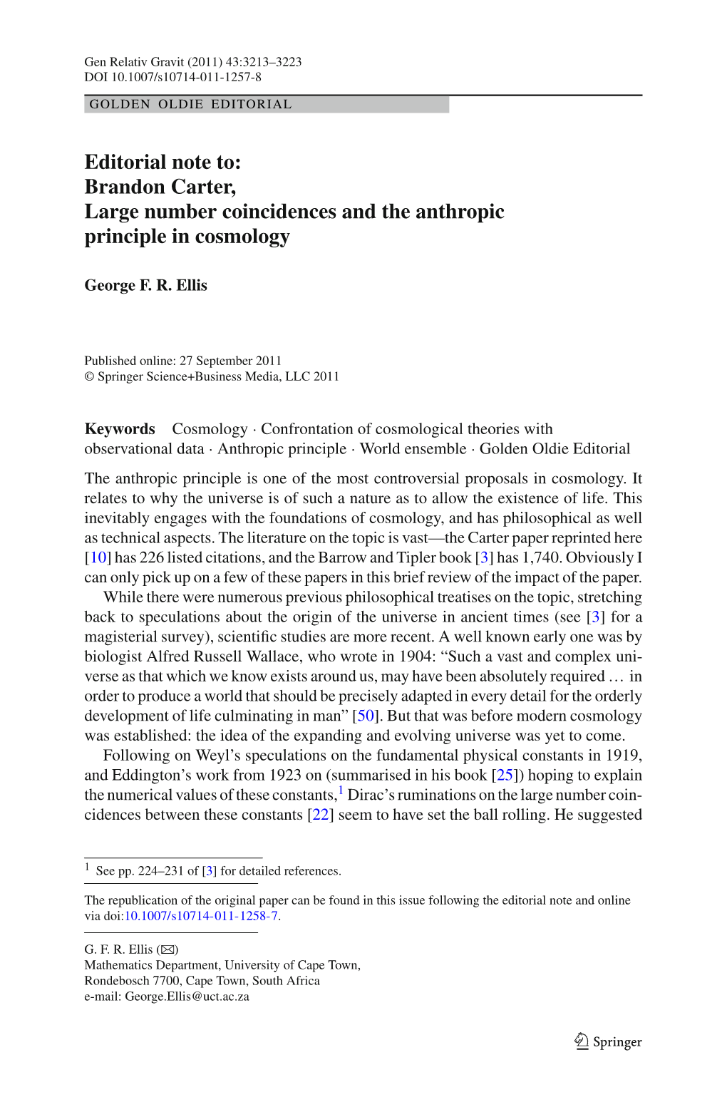 Editorial Note To: Brandon Carter, Large Number Coincidences and the Anthropic Principle in Cosmology