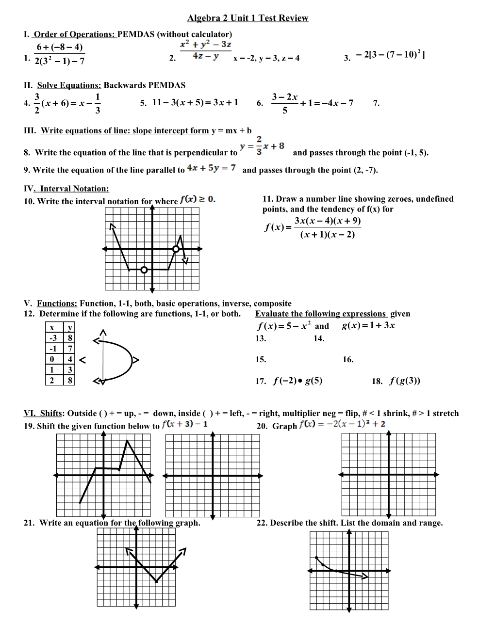 Algebra 2 Unit 1 Test Review