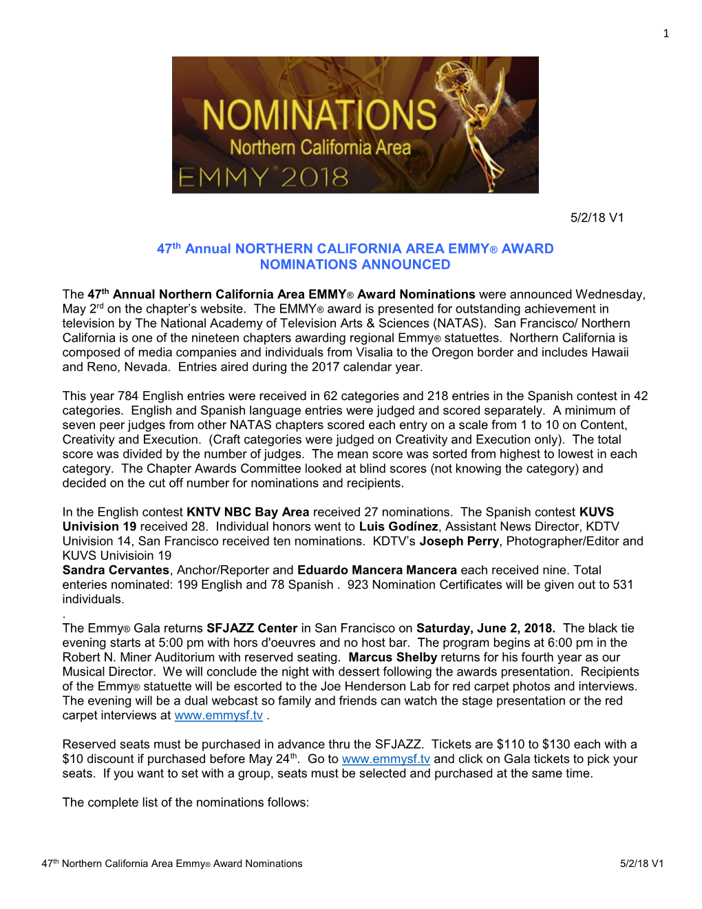 47Th Annual NORTHERN CALIFORNIA AREA EMMY® AWARD NOMINATIONS ANNOUNCED