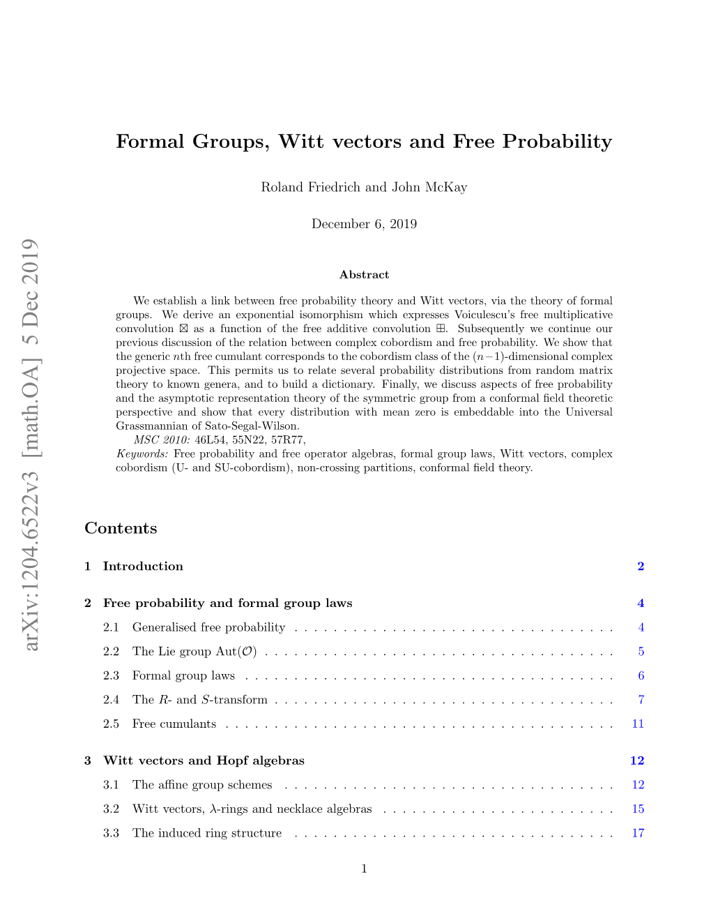 Formal Groups, Witt Vectors and Free Probability