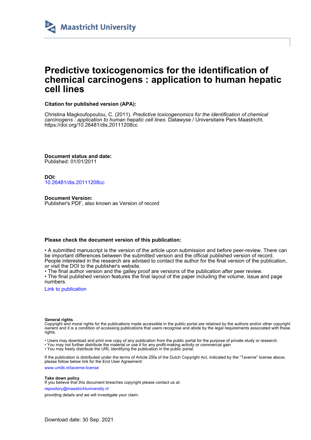 Predictive Toxicogenomics for the Identification of Chemical Carcinogens : Application to Human Hepatic Cell Lines