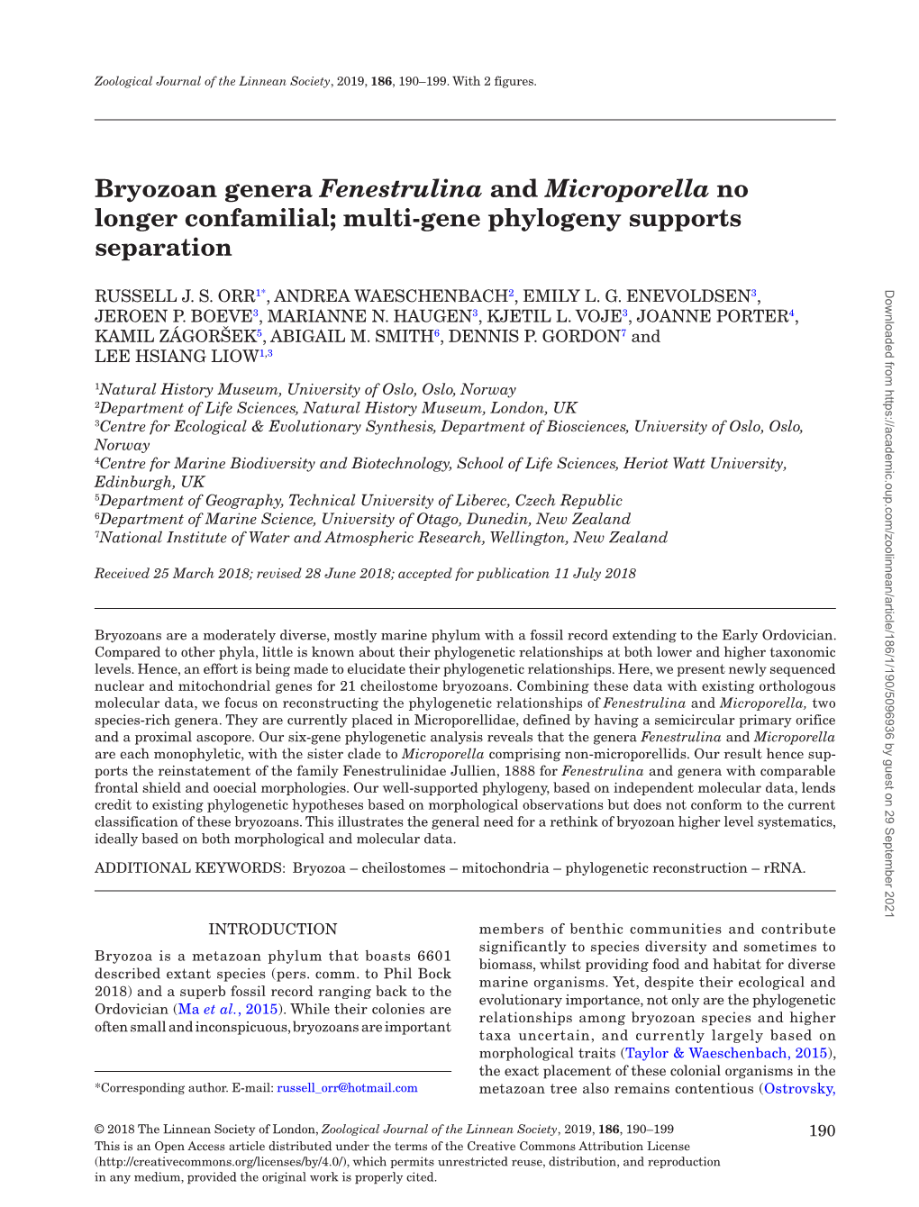 Bryozoan Genera Fenestrulina and Microporella No Longer Confamilial; Multi-Gene Phylogeny Supports Separation