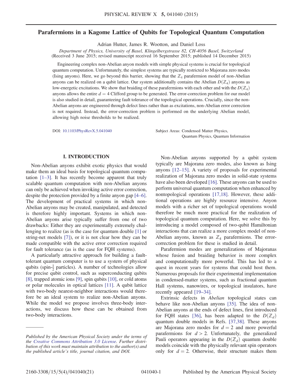 Parafermions in a Kagome Lattice of Qubits for Topological Quantum Computation