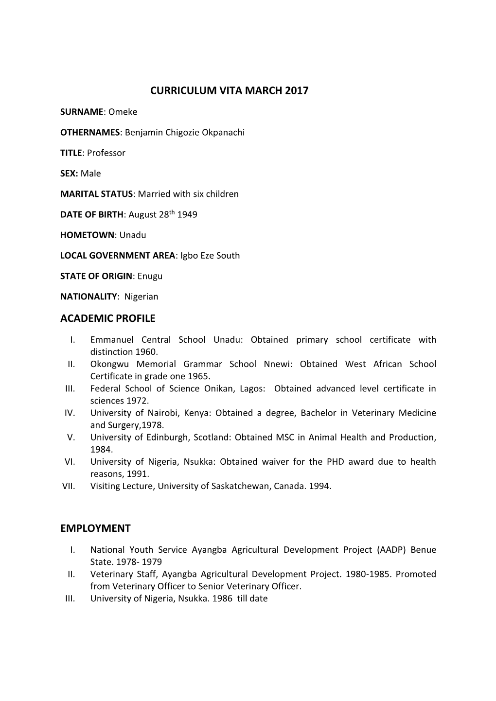 Curriculum Vita March 2017 Academic Profile Employment