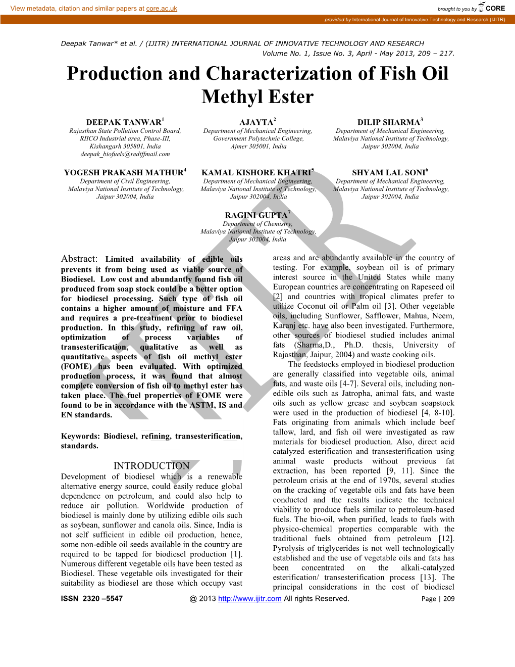 Production and Characterization of Fish Oil Methyl Ester