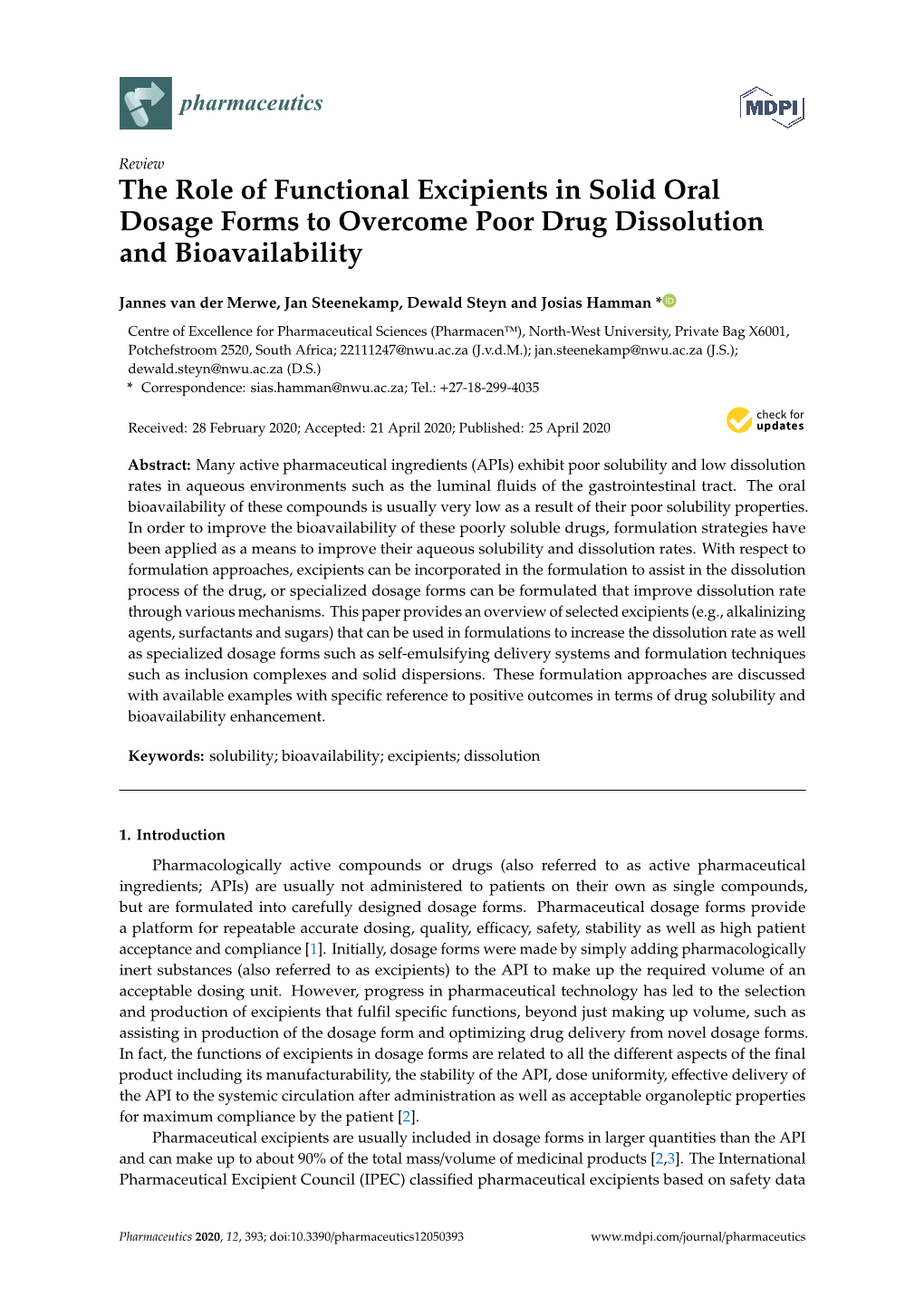 The Role of Functional Excipients in Solid Oral Dosage Forms to Overcome Poor Drug Dissolution and Bioavailability