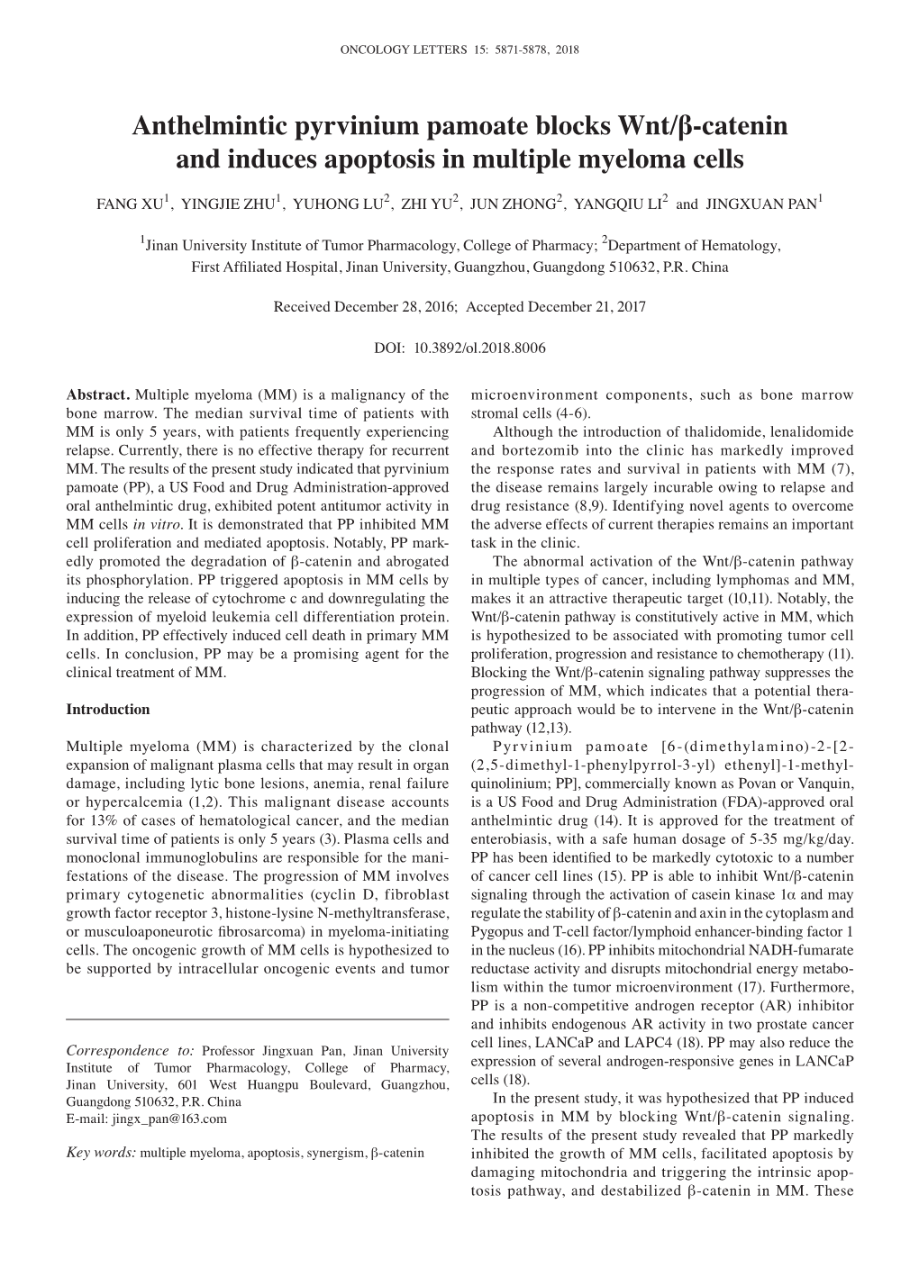 Anthelmintic Pyrvinium Pamoate Blocks Wnt/Β-Catenin and Induces Apoptosis in Multiple Myeloma Cells