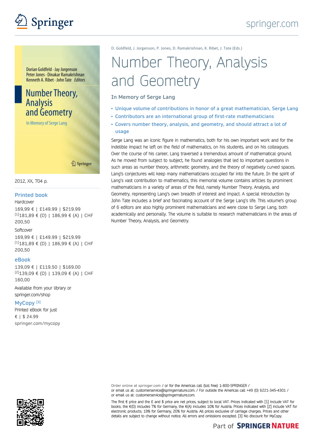 Number Theory, Analysis and Geometry in Memory of Serge Lang