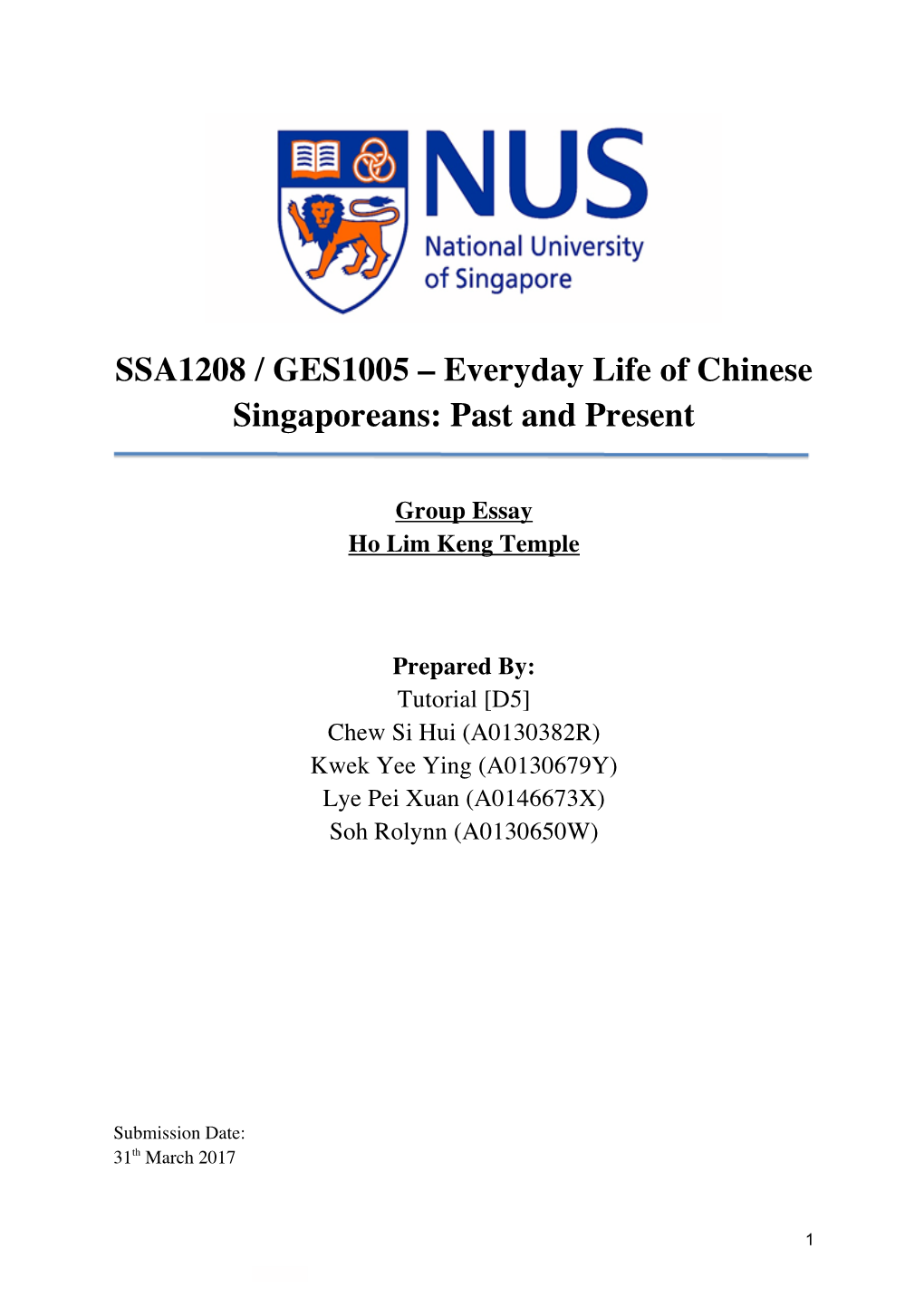 SSA1208 / GES1005 – Everyday Life of Chinese Singaporeans: Past and Present