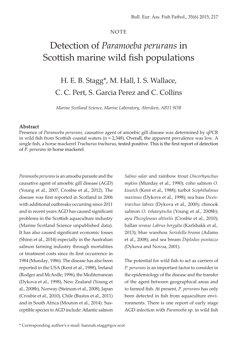 Detection of Paramoeba Perurans in Scotish Marine Wild Fish Populations