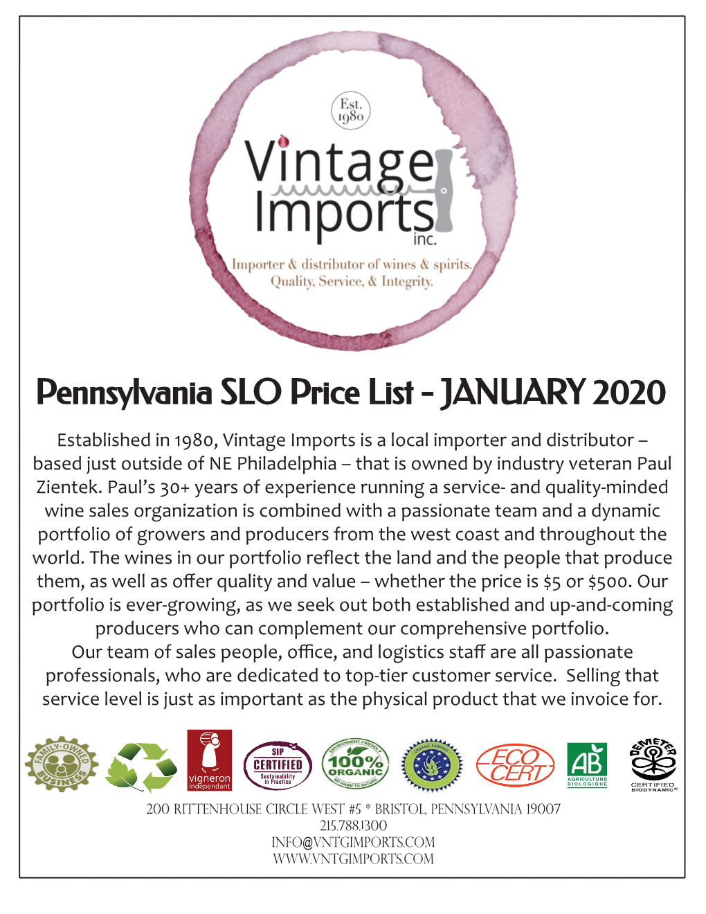 Pennsylvania SLO Price List - JANUARY 2020