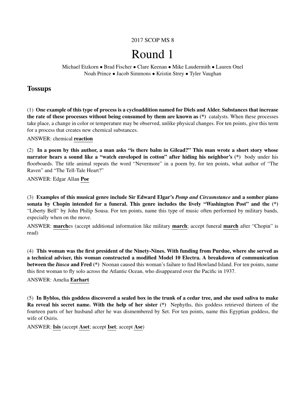 Round 1 Michael Etzkorn • Brad Fischer • Clare Keenan • Mike Laudermith • Lauren Onel Noah Prince • Jacob Simmons • Kristin Strey • Tyler Vaughan