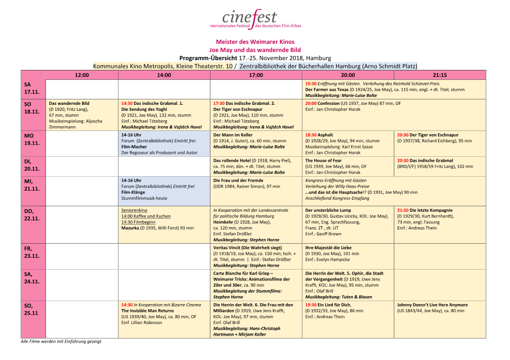 Meister Des Weimarer Kinos Joe May Und Das Wandernde Bild Programm-Übersicht 17.-25