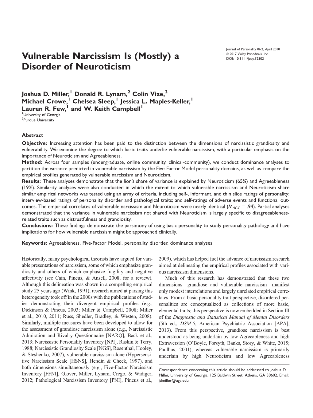 Vulnerable Narcissism Is (Mostly) a Disorder of Neuroticism