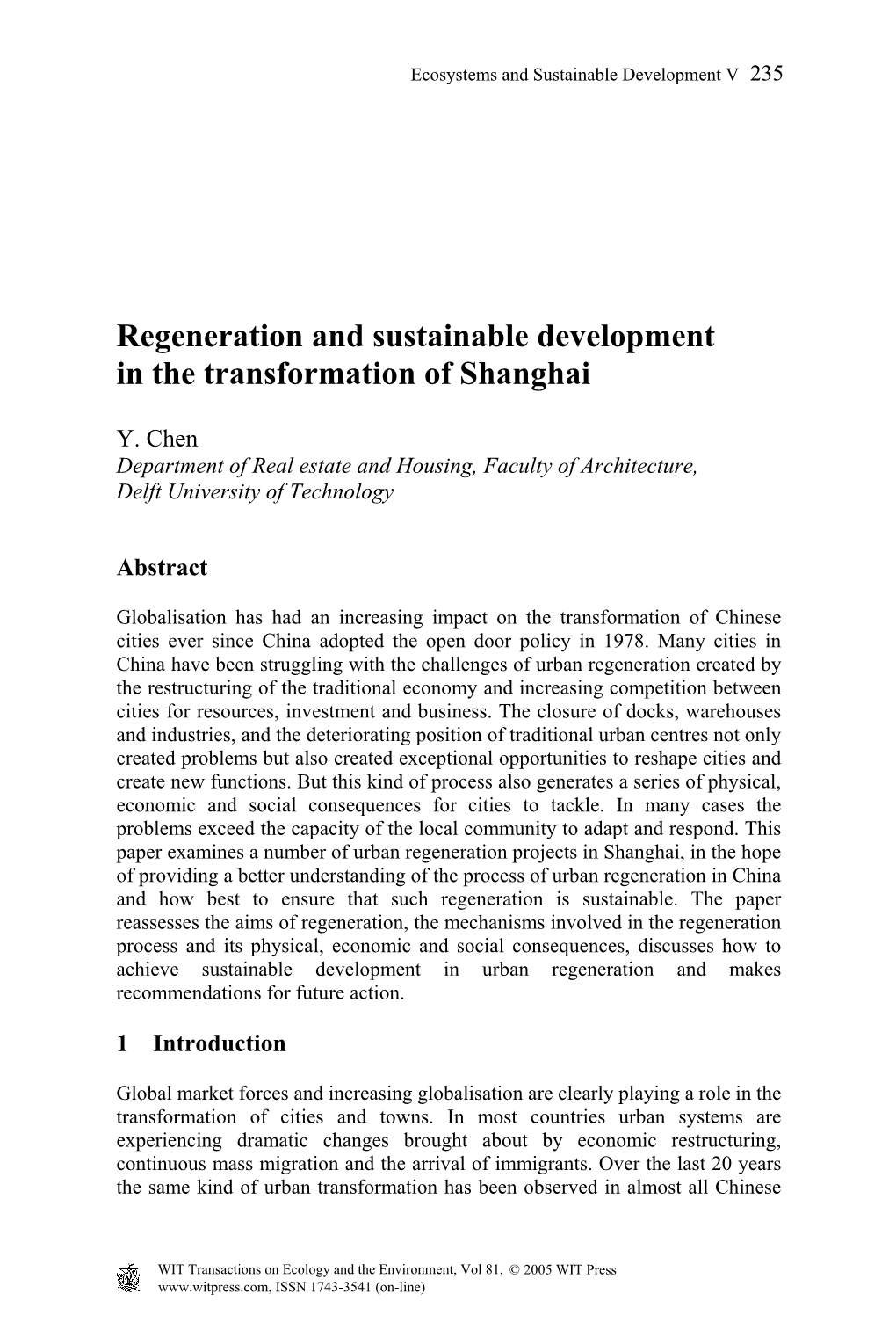 Regeneration and Sustainable Development in the Transformation of Shanghai