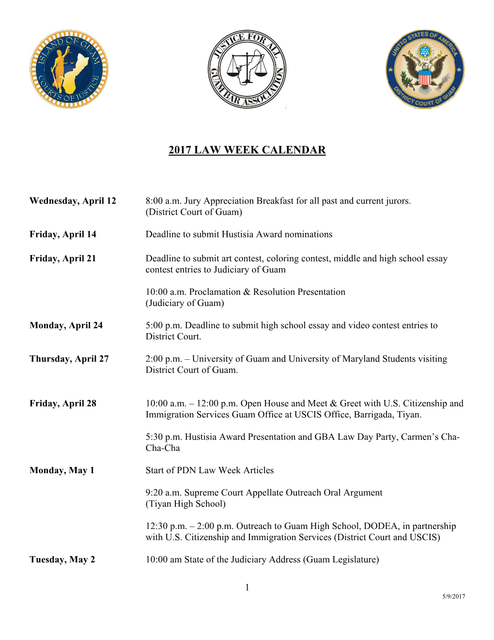 2017 Law Week Calendar