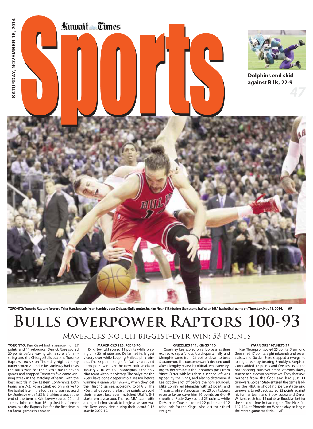 Bulls Overpower Raptors 100-93 Mavericks Notch Biggest-Ever Win; 53 Points