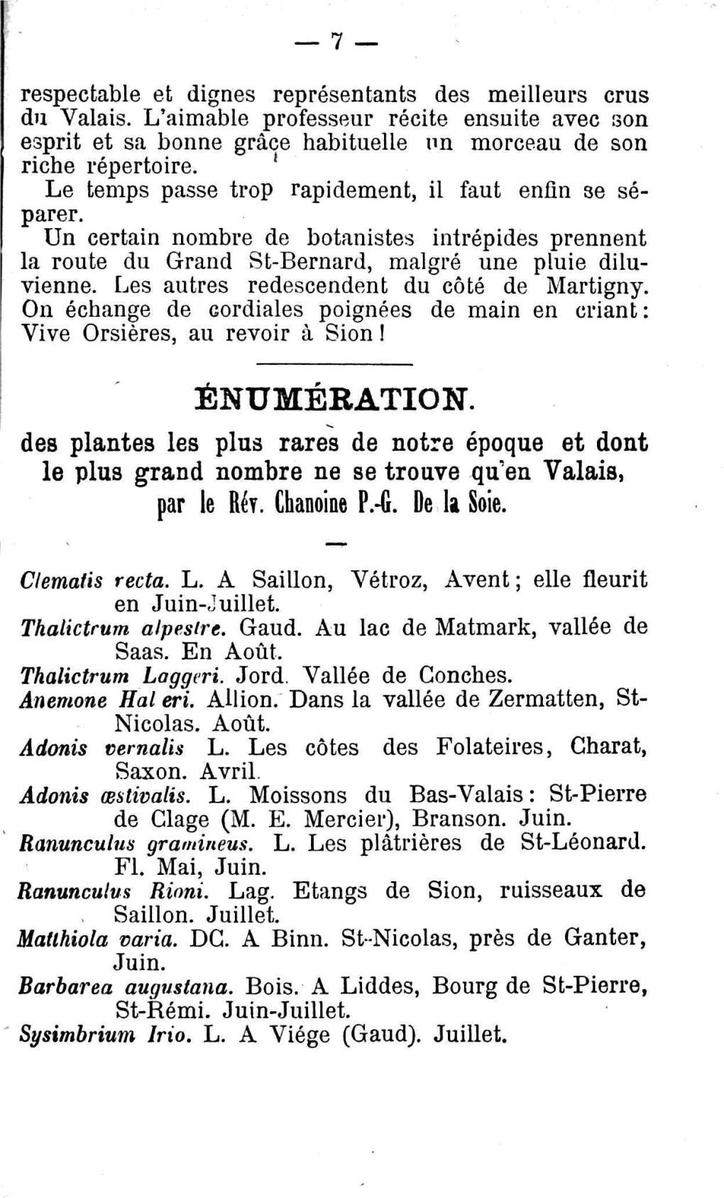 ENUMERATION. Des Plantes Les Plus Rares De Notre Époque Et Dont Le Plus Grand Nombre Ne Se Trouve Qu'en Valais, Par Le Rty