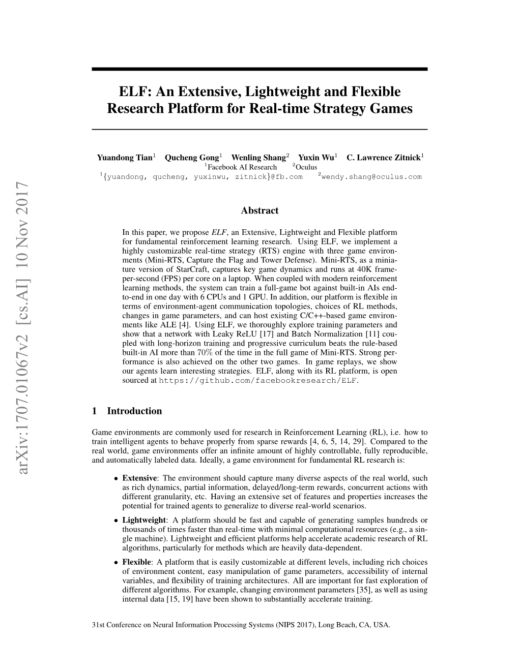 ELF: an Extensive, Lightweight and Flexible Research Platform for Real-Time Strategy Games