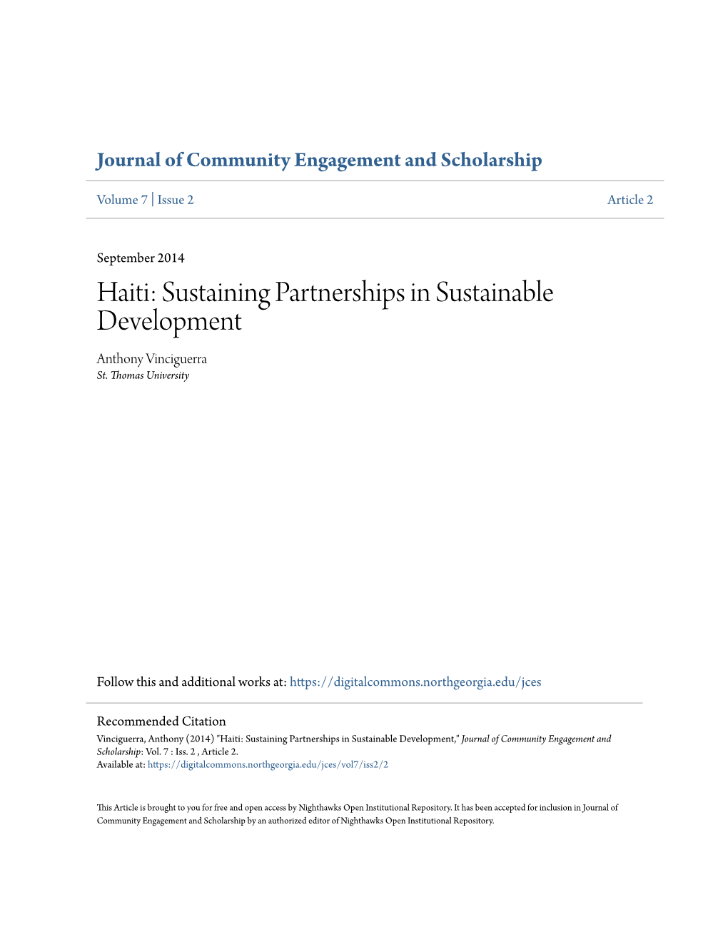 Haiti: Sustaining Partnerships in Sustainable Development Anthony Vinciguerra St