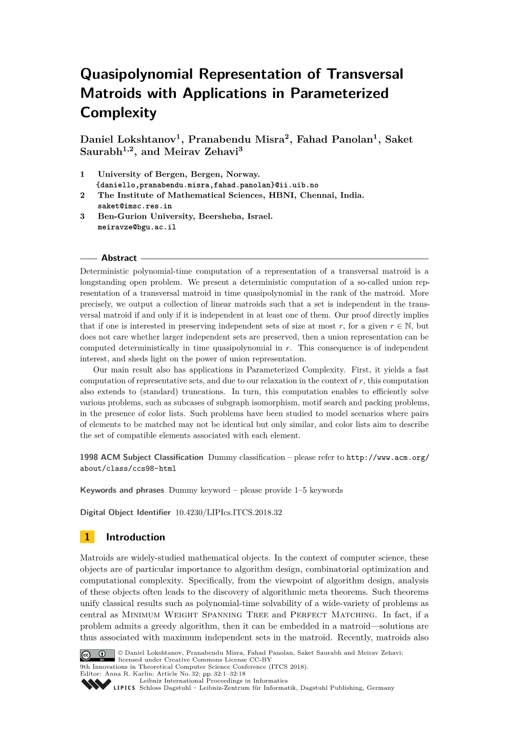 Quasipolynomial Representation of Transversal Matroids with Applications in Parameterized Complexity